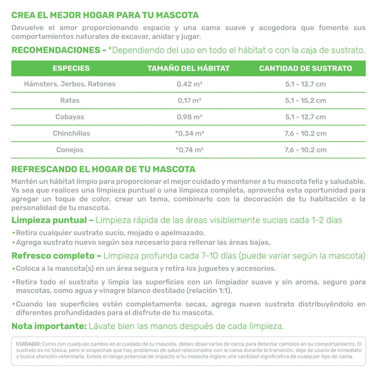 Detalles de Carefresh para el tamaño de habitat y cantidad de sustrati